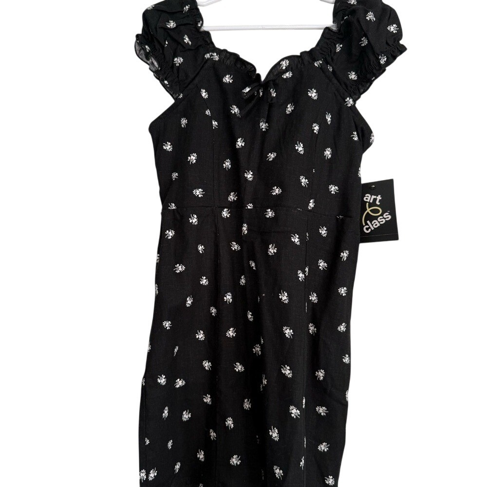 Art Class Girls Black Floral Smocked Back Ruffle Sleeve Dress Size S 6/7 544409